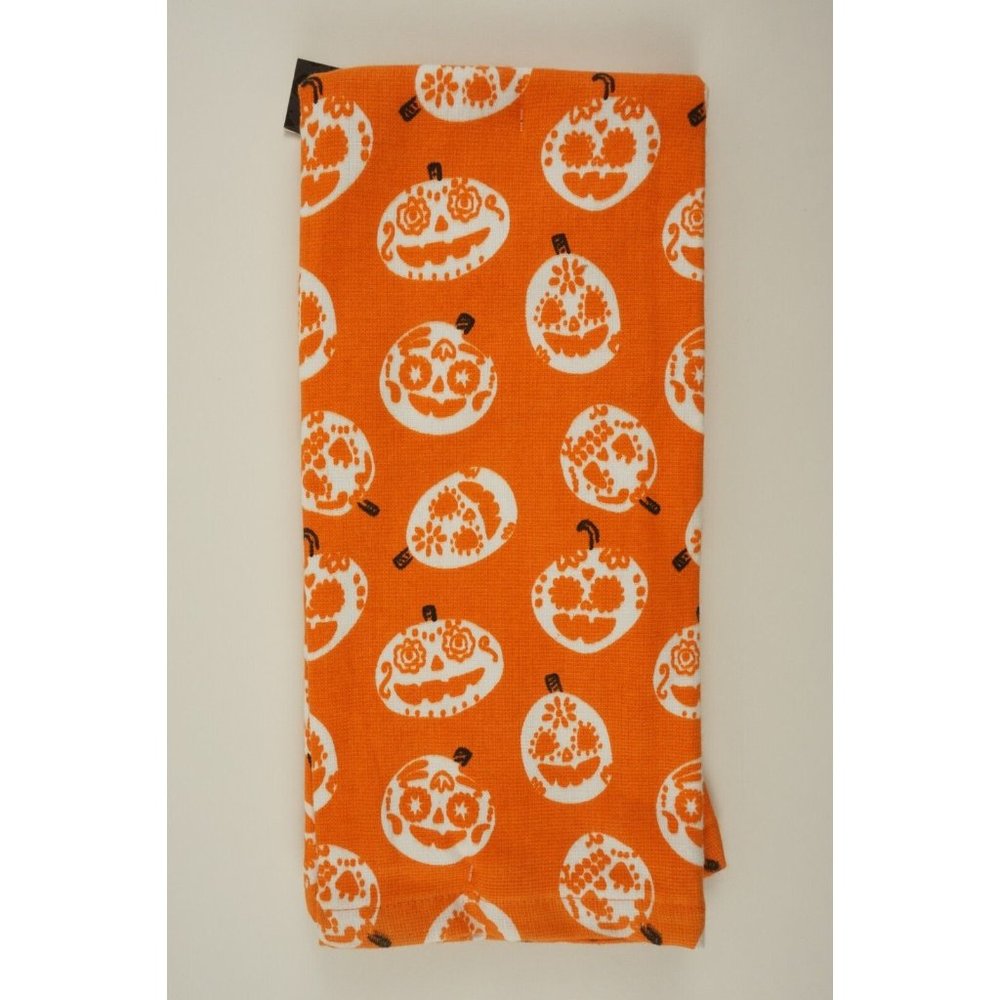 New Set of Two Pumpkin Print Fall Halloween Kitchen Towels Orange Cotton Terry